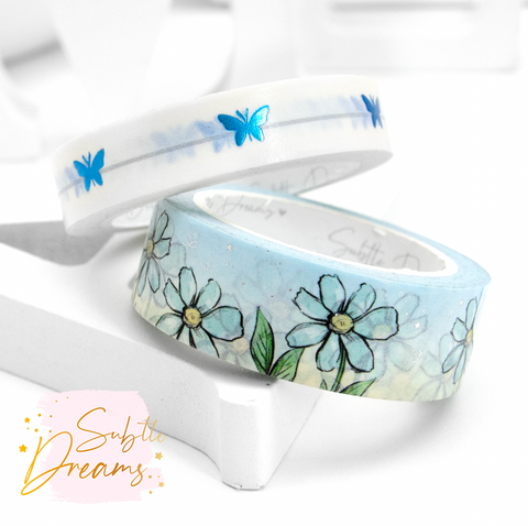 Wildflower, hand painted floral washi, blue foil