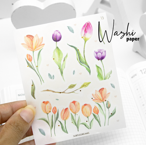 Tulips in bloom foil stickers, hand painted, washi paper