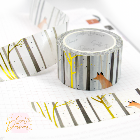 Fox in a forest, watercolor hand painted wide washi tape, planner tape