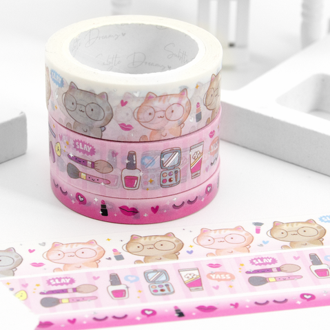 It's glow time, hand painted kitties washi, make up, skincare