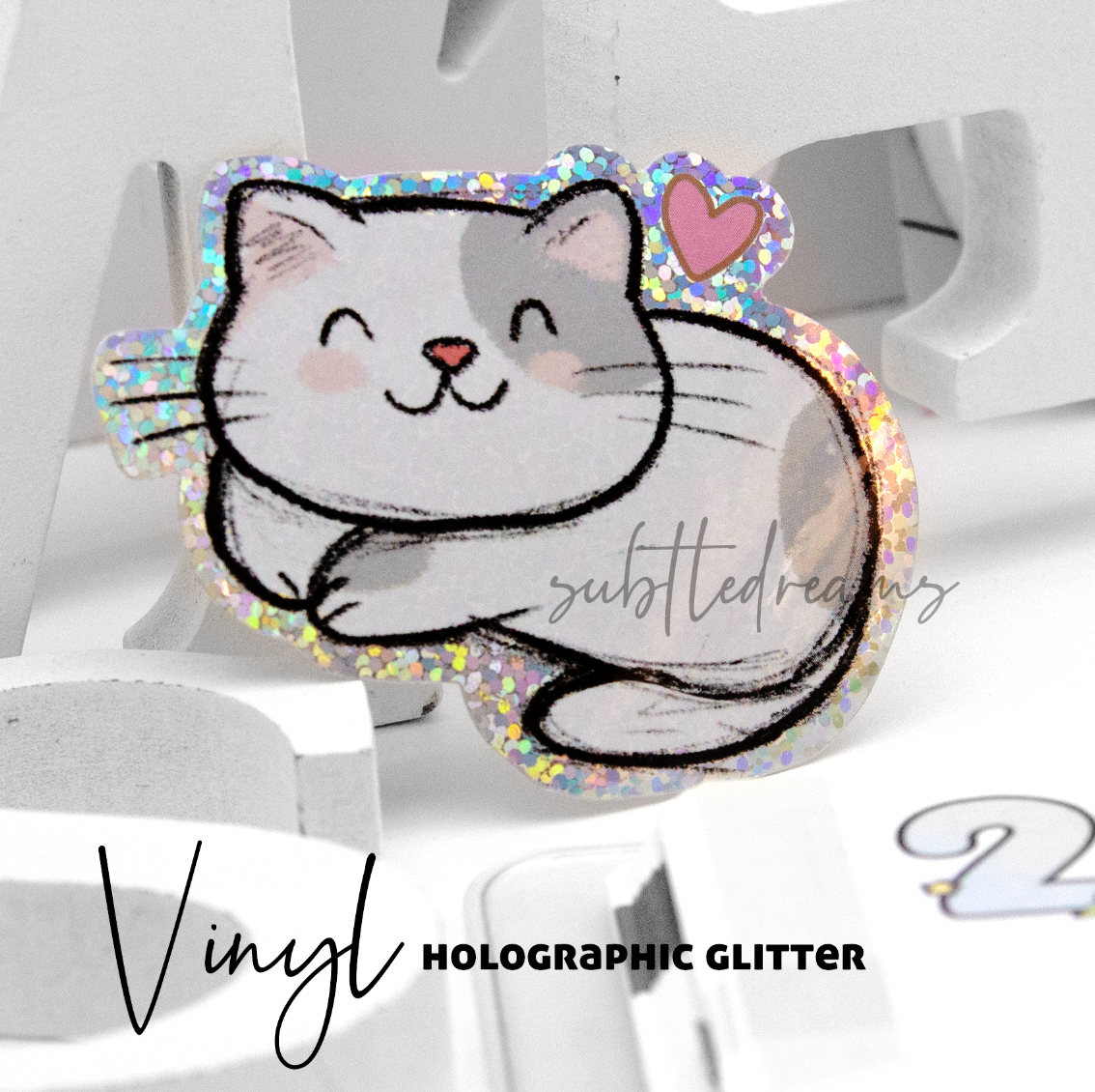Hand painted kitty glitter weatherproof Vinyl die cut sticker