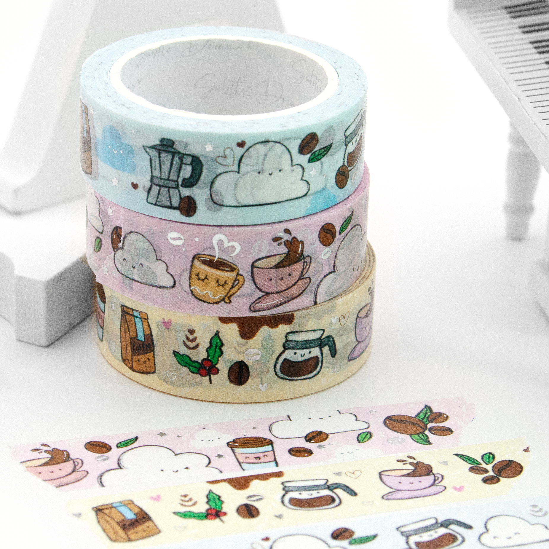 Happiness in a cup, hand sketched coffee washi