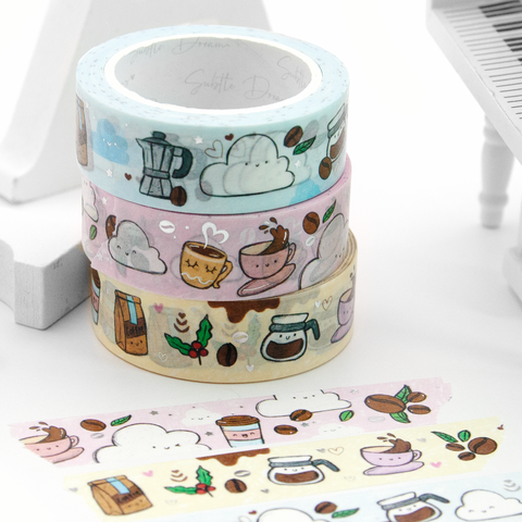 Happiness in a cup, hand sketched coffee washi