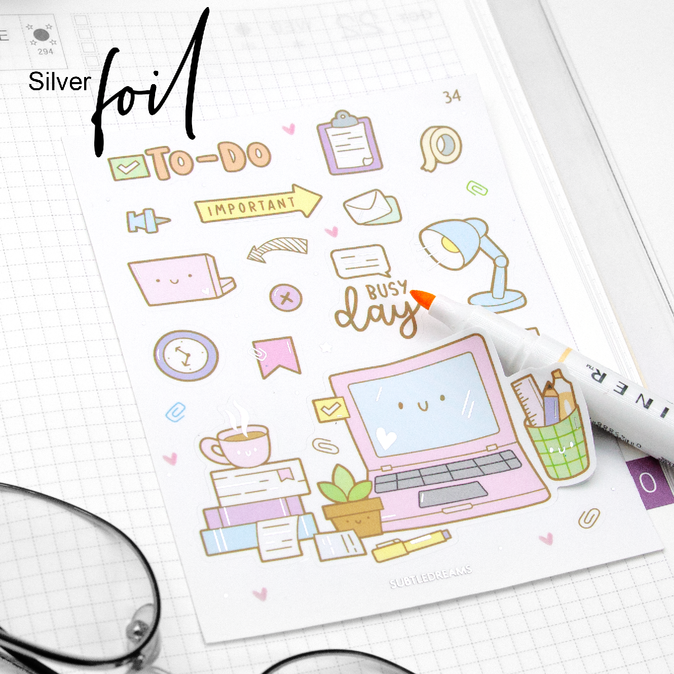 Hustle mode foil stickers, work desk, planner
