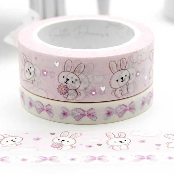 Bunny snuggles washi, hand painted florals, Sugar Blush