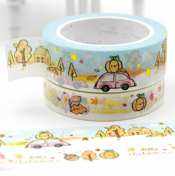 Hello autumn, fall car ride washi tape, hand sketched