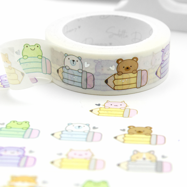 Pencil pee-a-boo critters washi tape, school