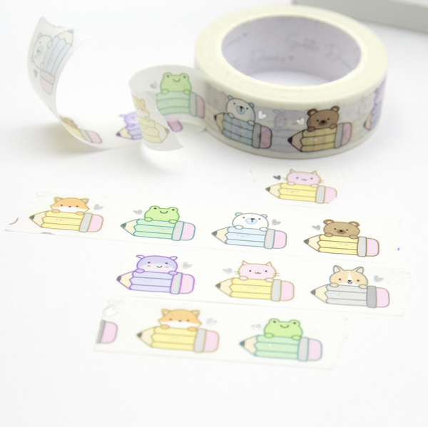 Pencil pee-a-boo critters washi tape, school
