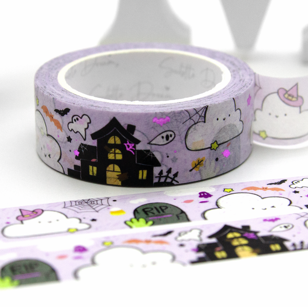 Kawaii clouds haunted house washi Vol.12, hand painted, halloween