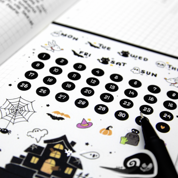 Haunted house, halloween deco stickers, date, days of the week