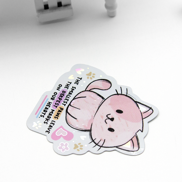 Smallest paws, cat hand sketched, holographic weatherproof Vinyl die cut sticker