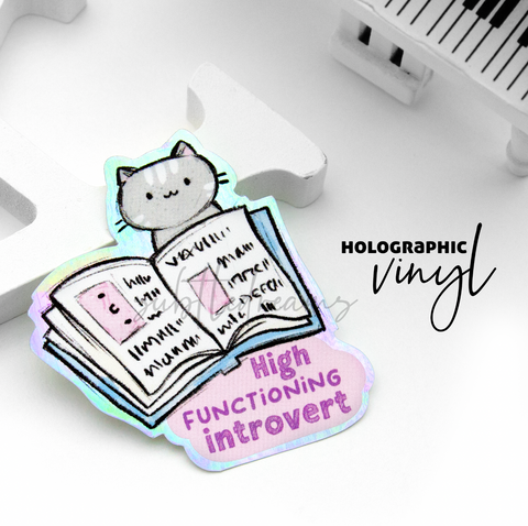 Nerdy kitty introvert holographic weatherproof Vinyl die cut sticker