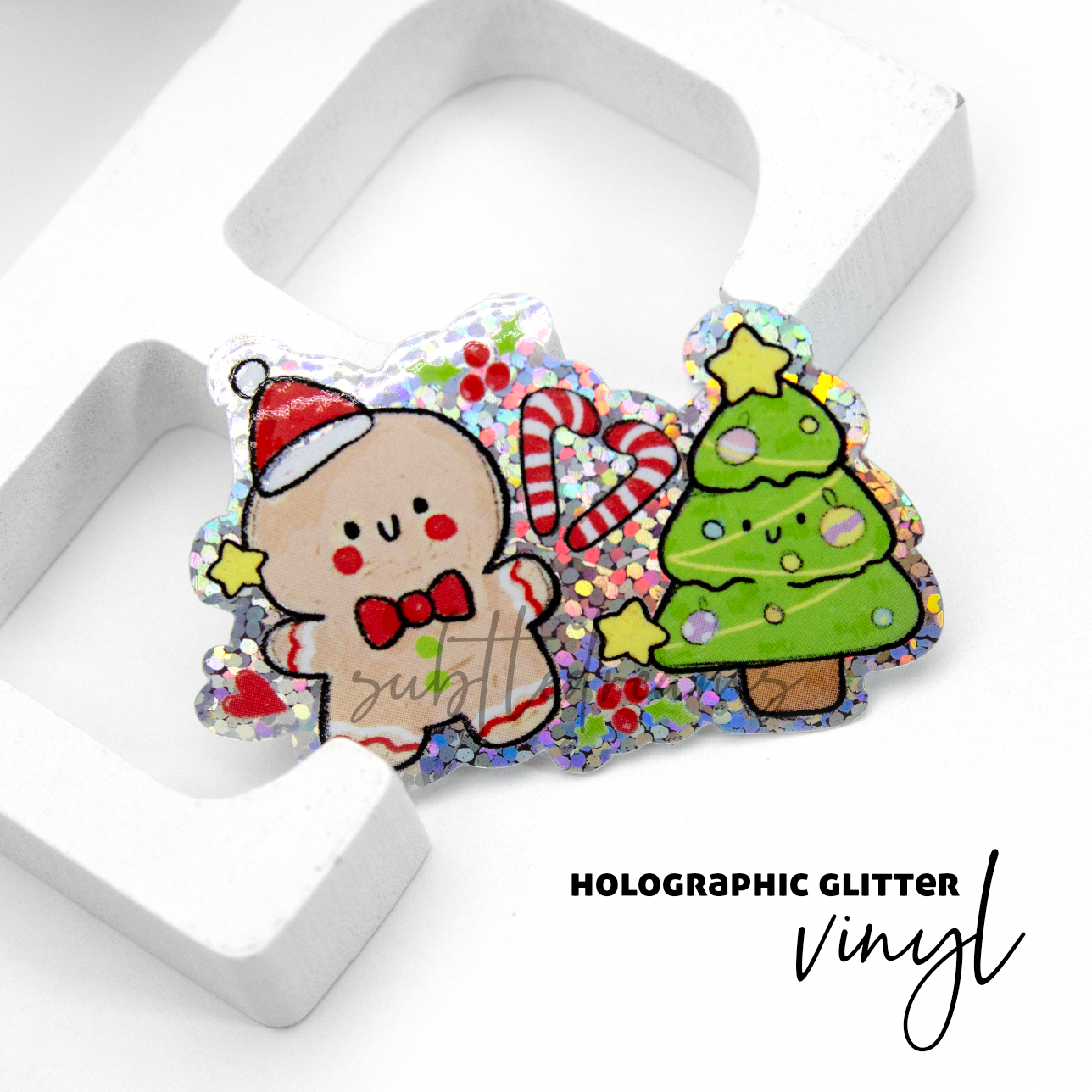 Gingerbread hand painted glitter weatherproof Vinyl die cut sticker, Christmas