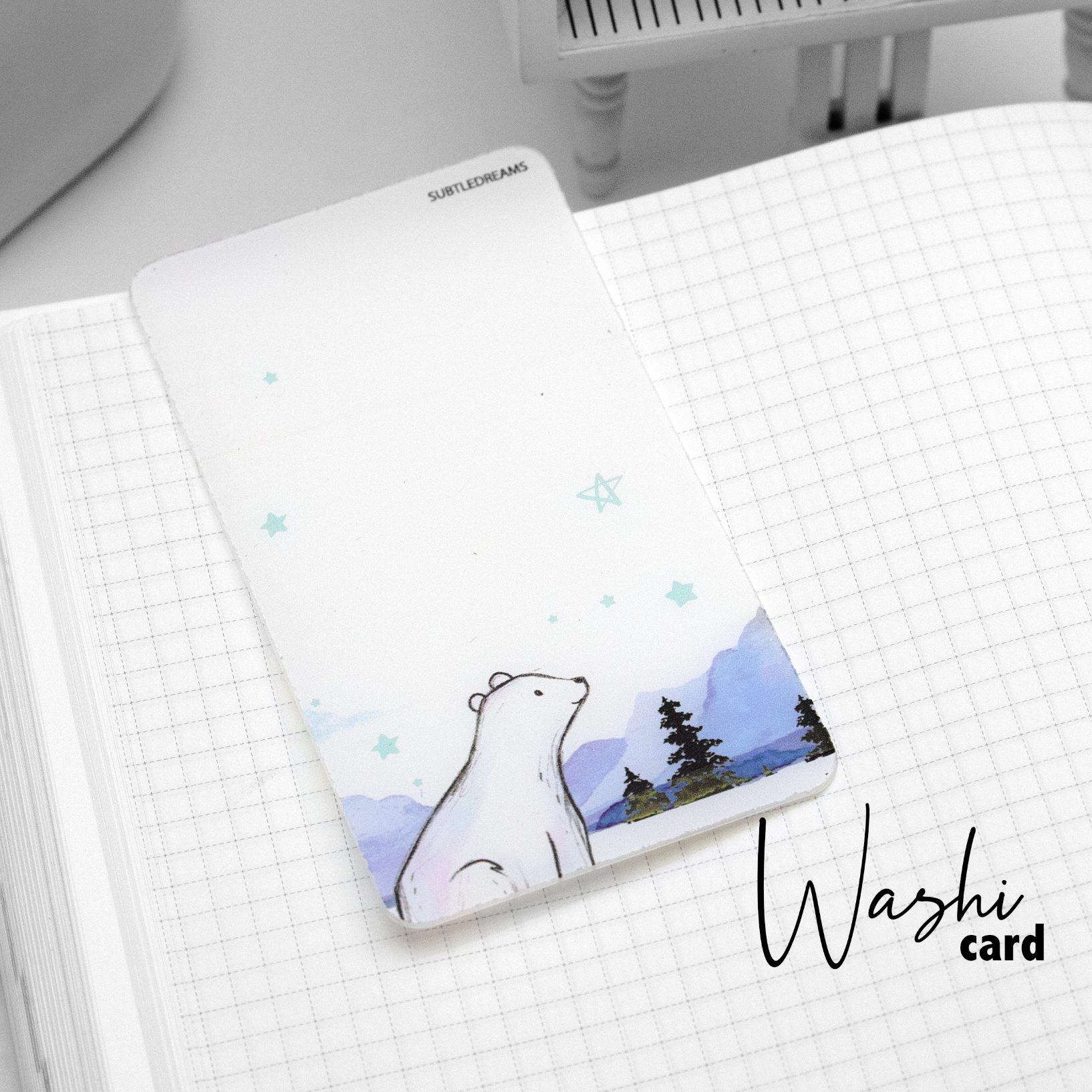 Snow mount polar bear washi card, hand painted