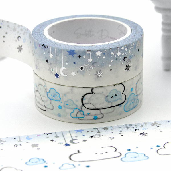 Fluffy little clouds, kawaii clouds vol.10, dangle washi, blue foil, hand sketched