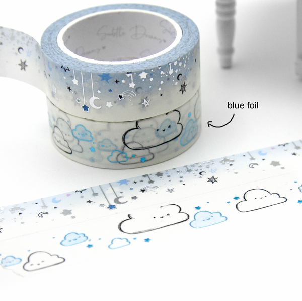 Fluffy little clouds, kawaii clouds vol.10, dangle washi, blue foil, hand sketched